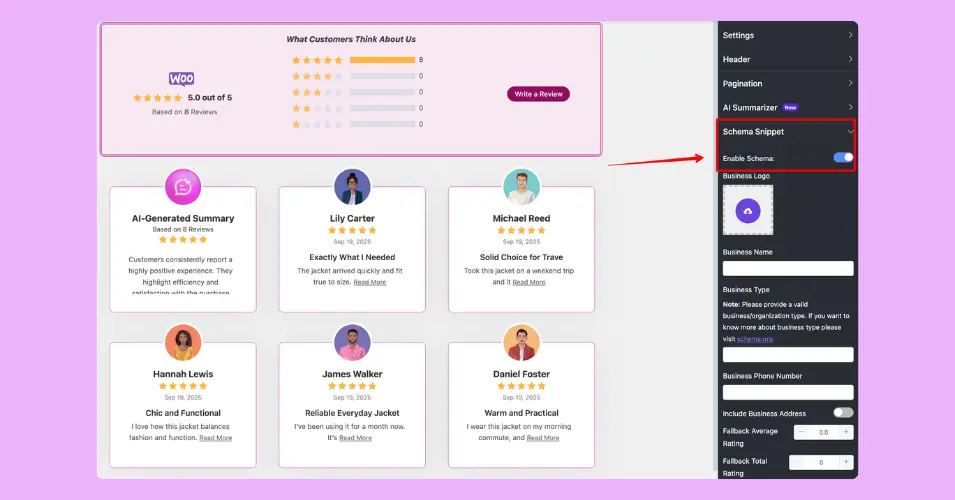 The Schema Snippet feature of WP Social Ninja for your WooCommerce reviews will let you add important business details like shop location, business type, phone number, logo, and more which will significantly improve your SEO and boost brand visibility