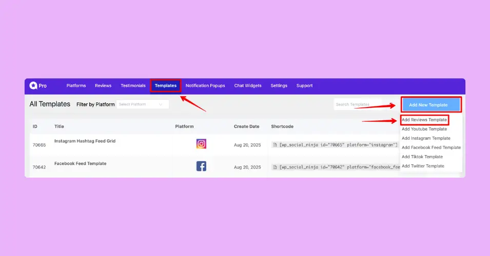 New template options on the WP Social Ninja dashboard
