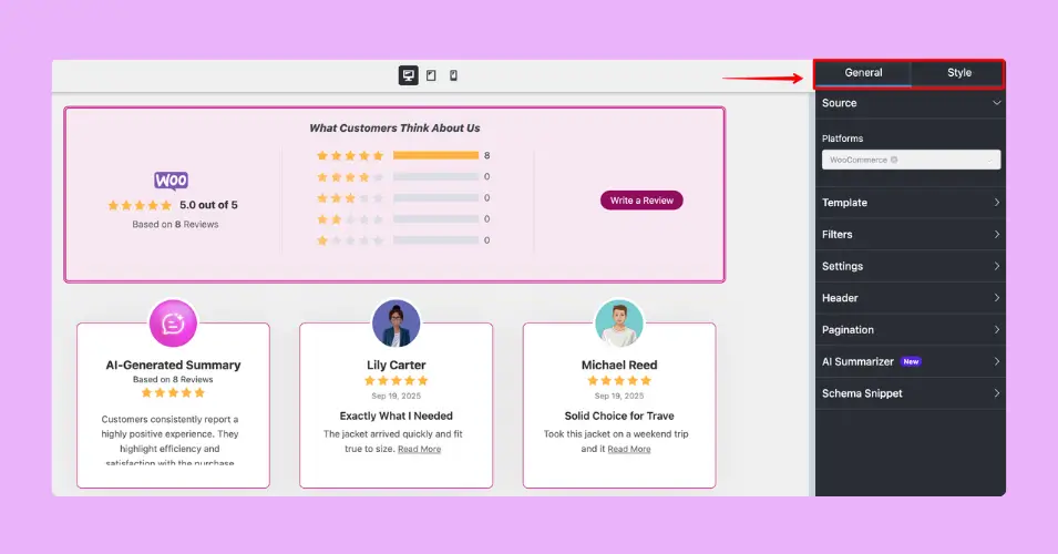 The customization panel of WP Social Ninja for your WooCommerce product reviews featuring two main section- General and Style