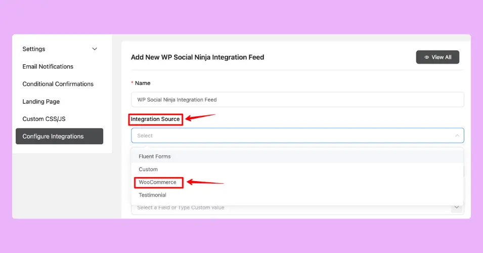 WooCommerce as the integration source for creating custom review field for collecting WooCommerce reviews with WP Social Ninja