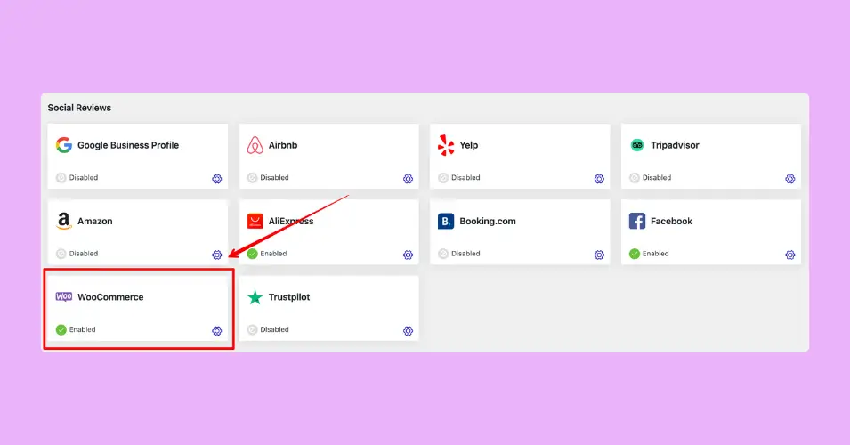 Choose WooCommerce from the WP Social Ninja's dashboard, right under the Social Reviews section to move forward with creating fully customized template of the migrated WooCommerce product reviews from Judge.me