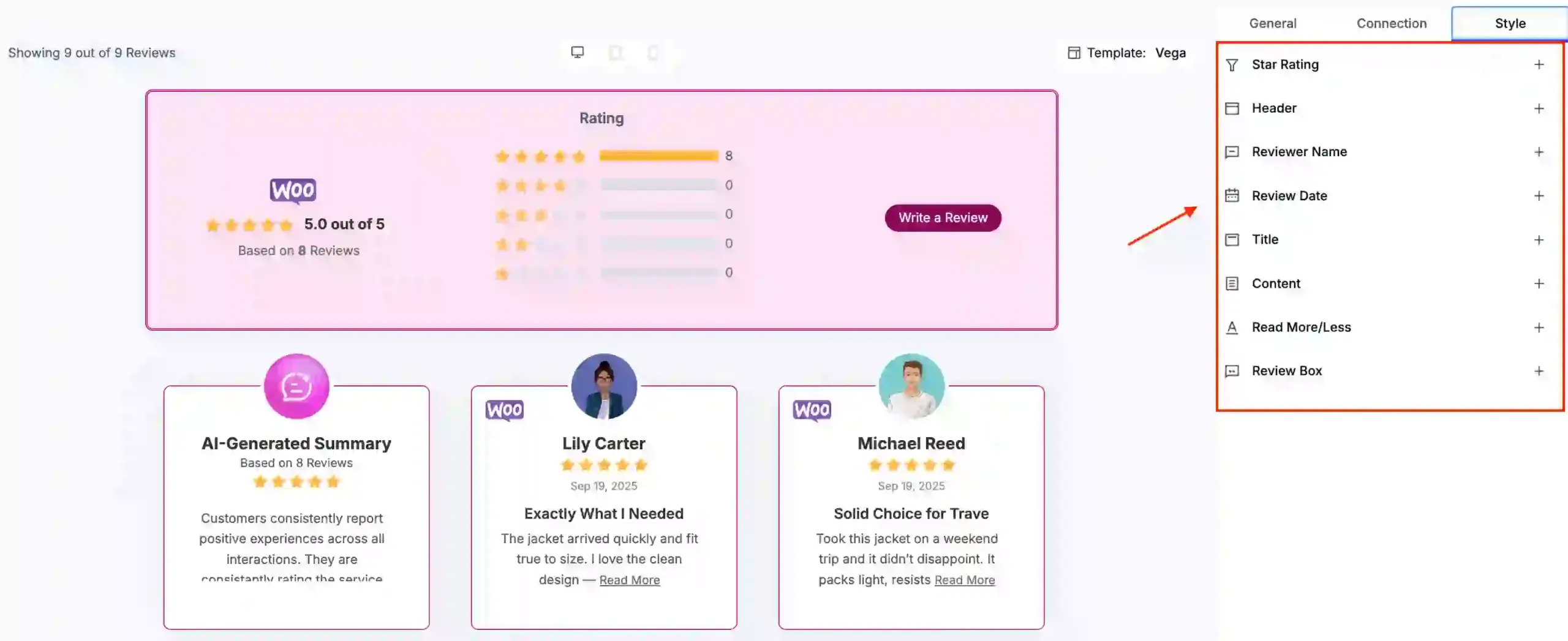 Advanced styling options in WP Social Ninja for customizing each element of the WooCommerce review template to match website layout and brand colors.