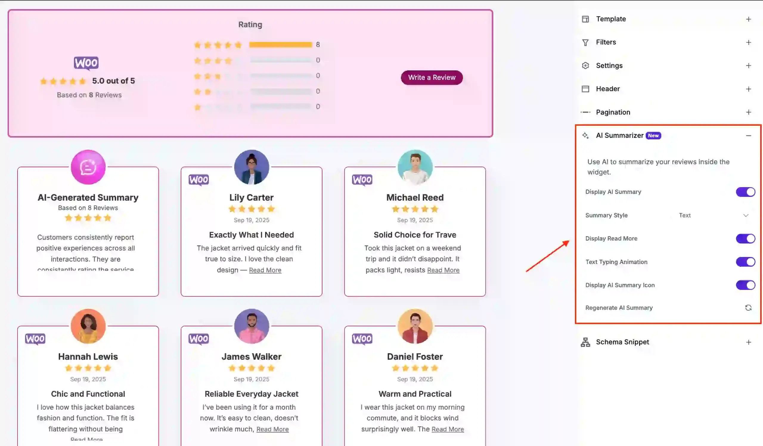 WP Social Ninja’s AI-powered review summarizer for WooCommerce product reviews.