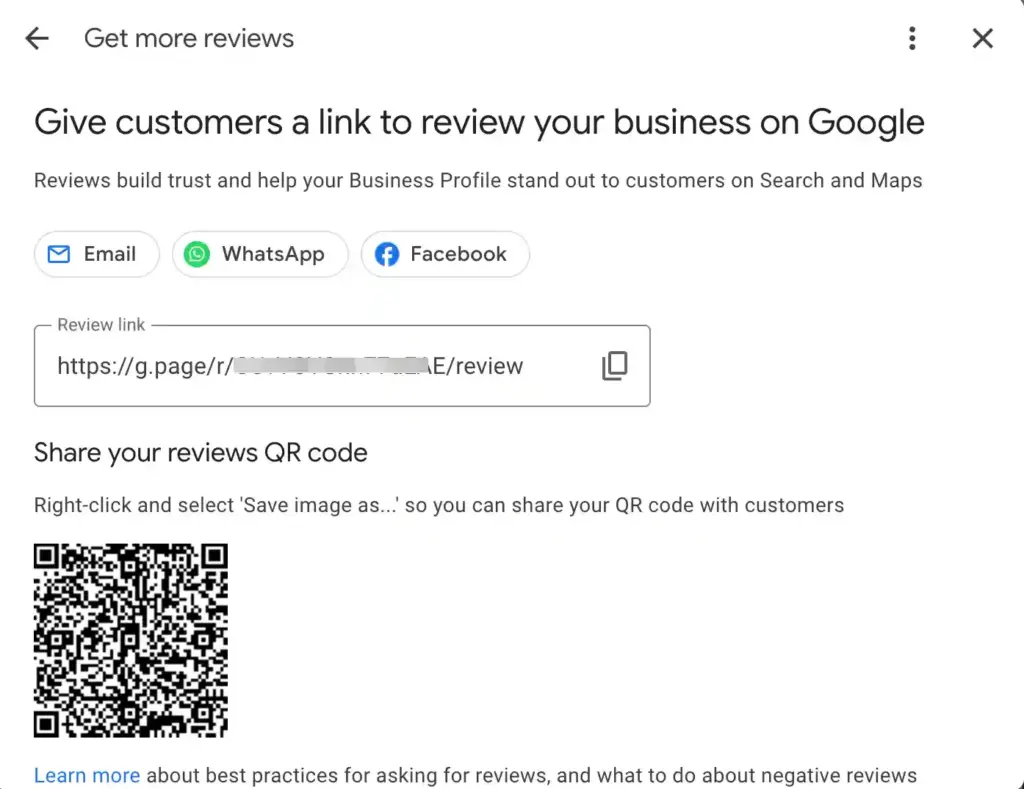 Google review link inside Google Business Profile dashboard
