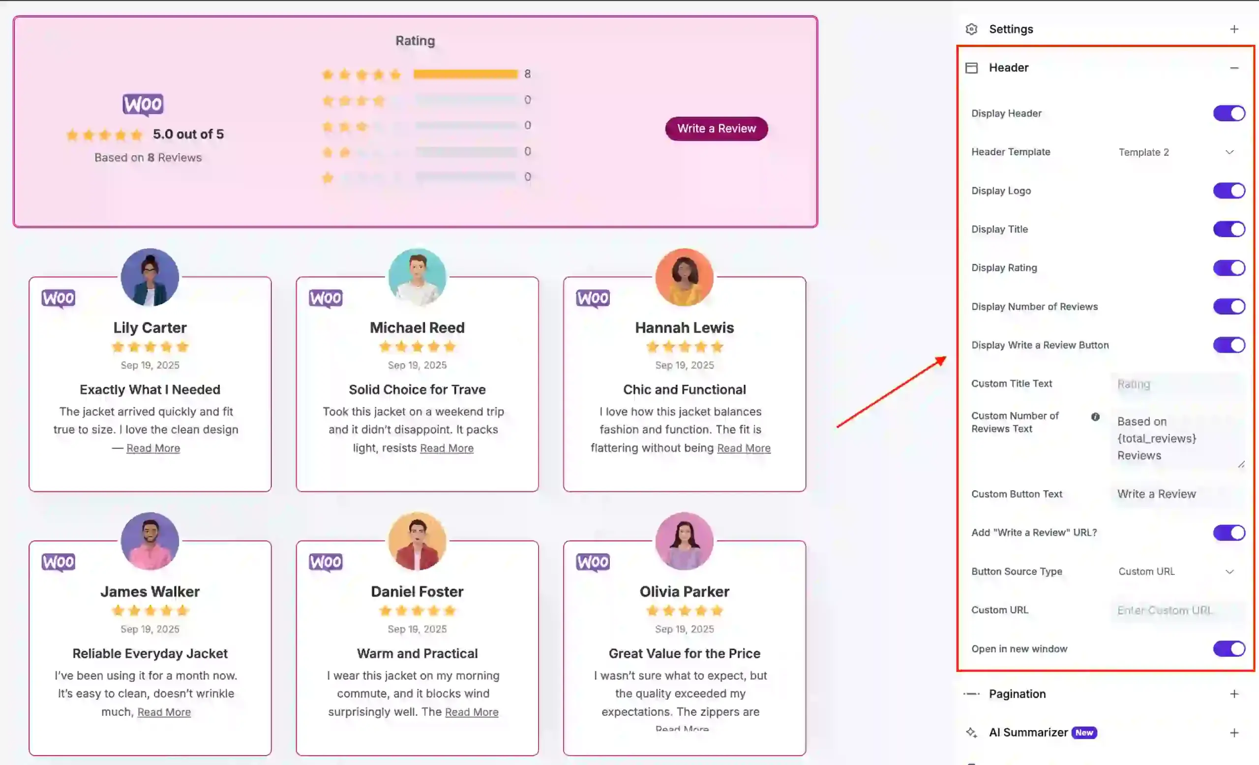 Header customization section in WP Social Ninja with settings for a custom Write a Review button and button source options, including product pages and Fluent Forms IDs, and more.