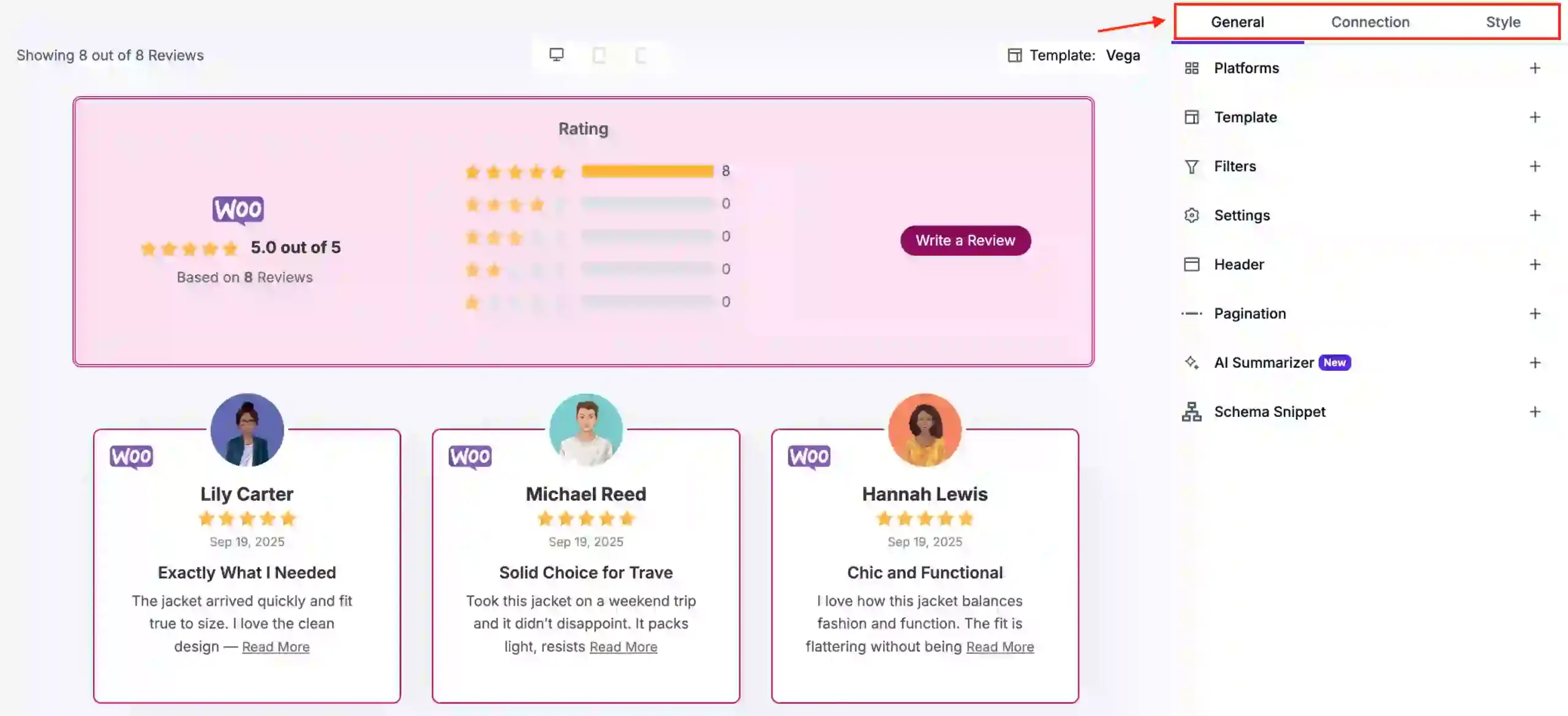 WP Social Ninja customization panel for WooCommerce product reviews, showing the General and Style sections.