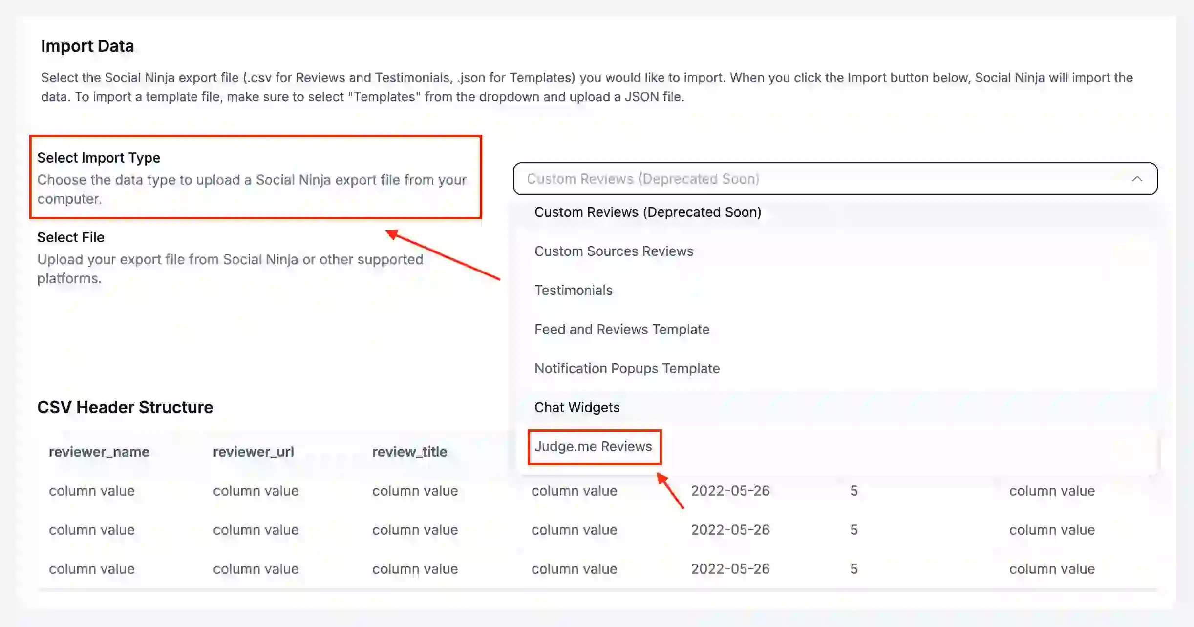 Judge.me reviews option in WP Social Ninja’s import types for uploading exported files dropdown, highlighting a key feature for Judge.me WooCommerce reviews migration.