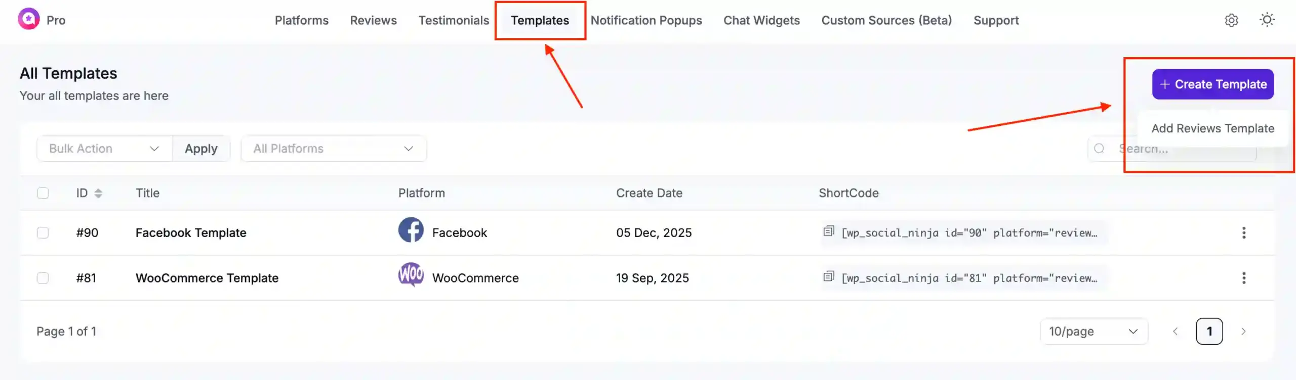 WP Social Ninja dashboard showing the Templates section where users create a new review template to enable the verified reviewer badge.