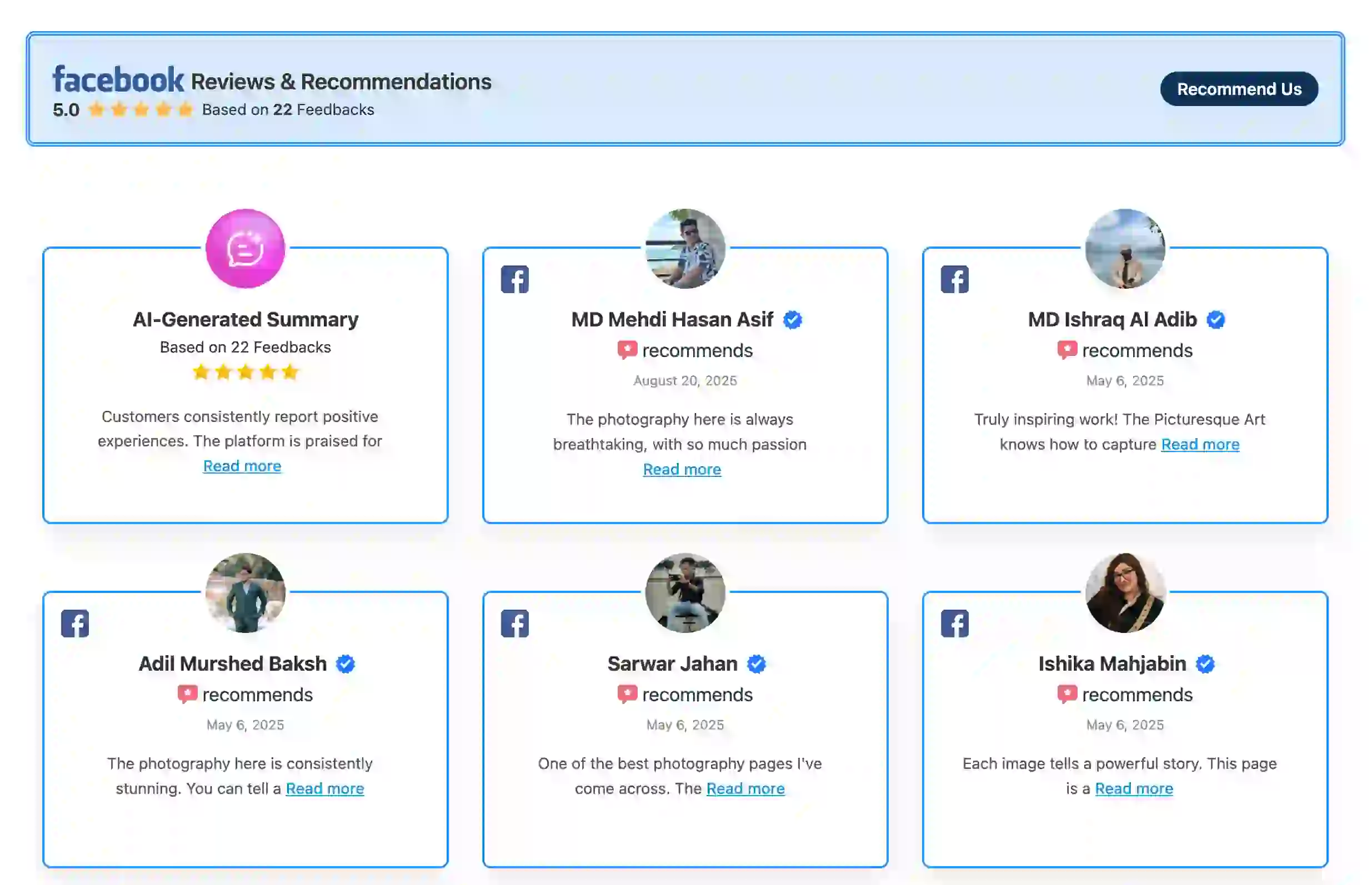 Preview of Facebook reviews on a WordPress site displaying the verified reviewer badge added with WP Social Ninja.