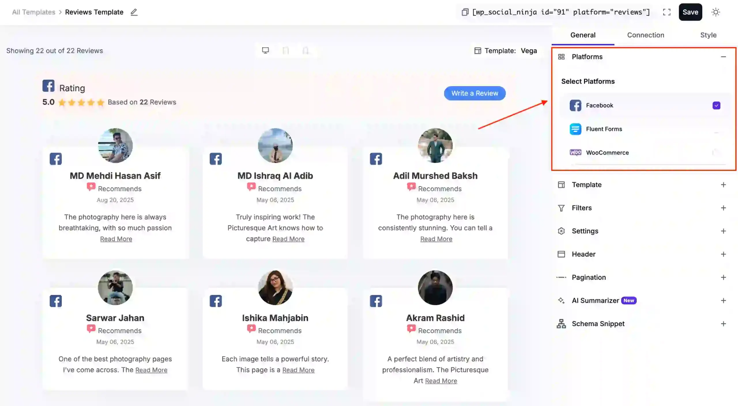 WP Social Ninja review template customization dashboard that lets users select one or multiple integrated review platforms.