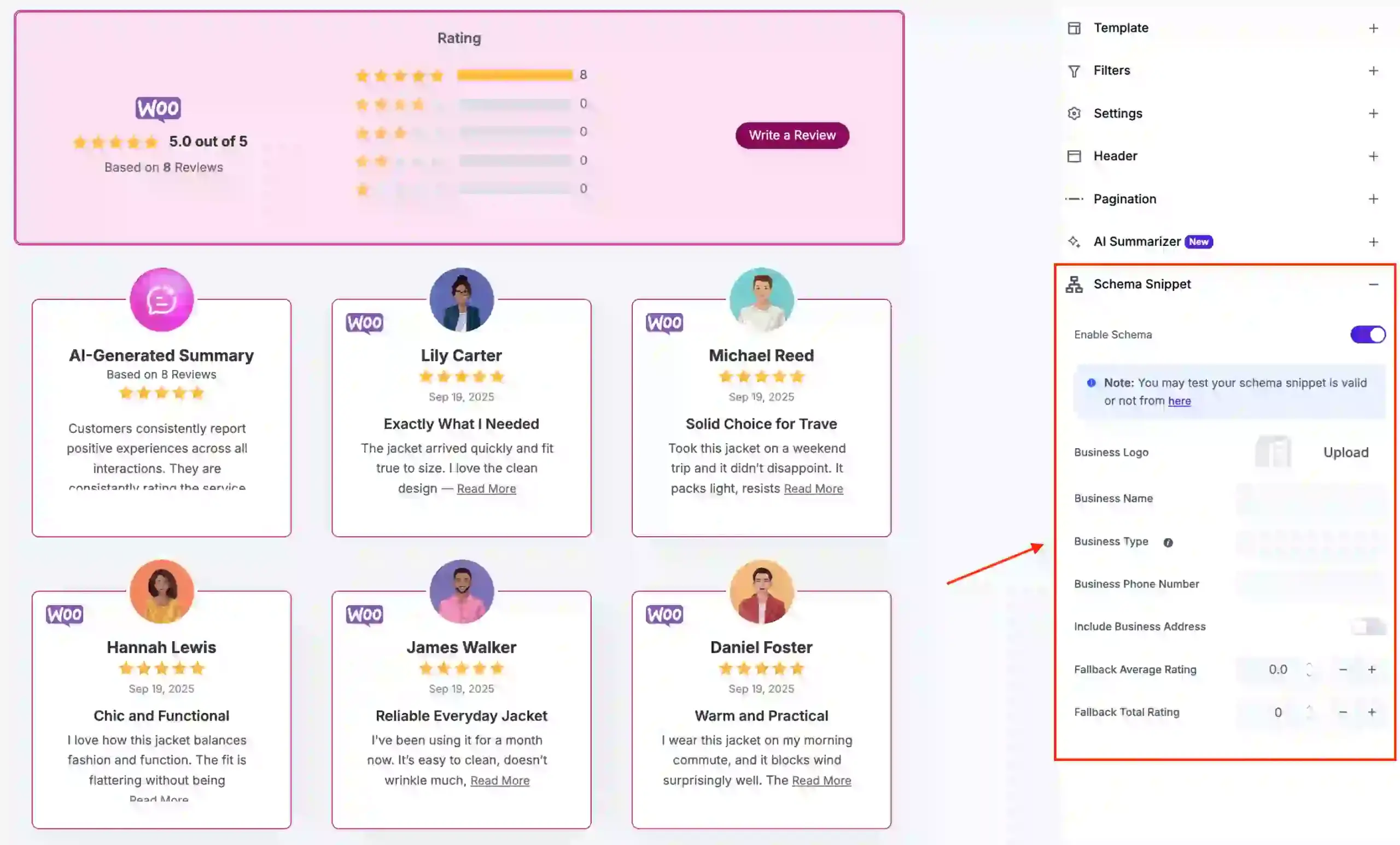 WP Social Ninja Schema Snippet feature for WooCommerce reviews, allowing users to add business details like location, type, phone number, and logo.