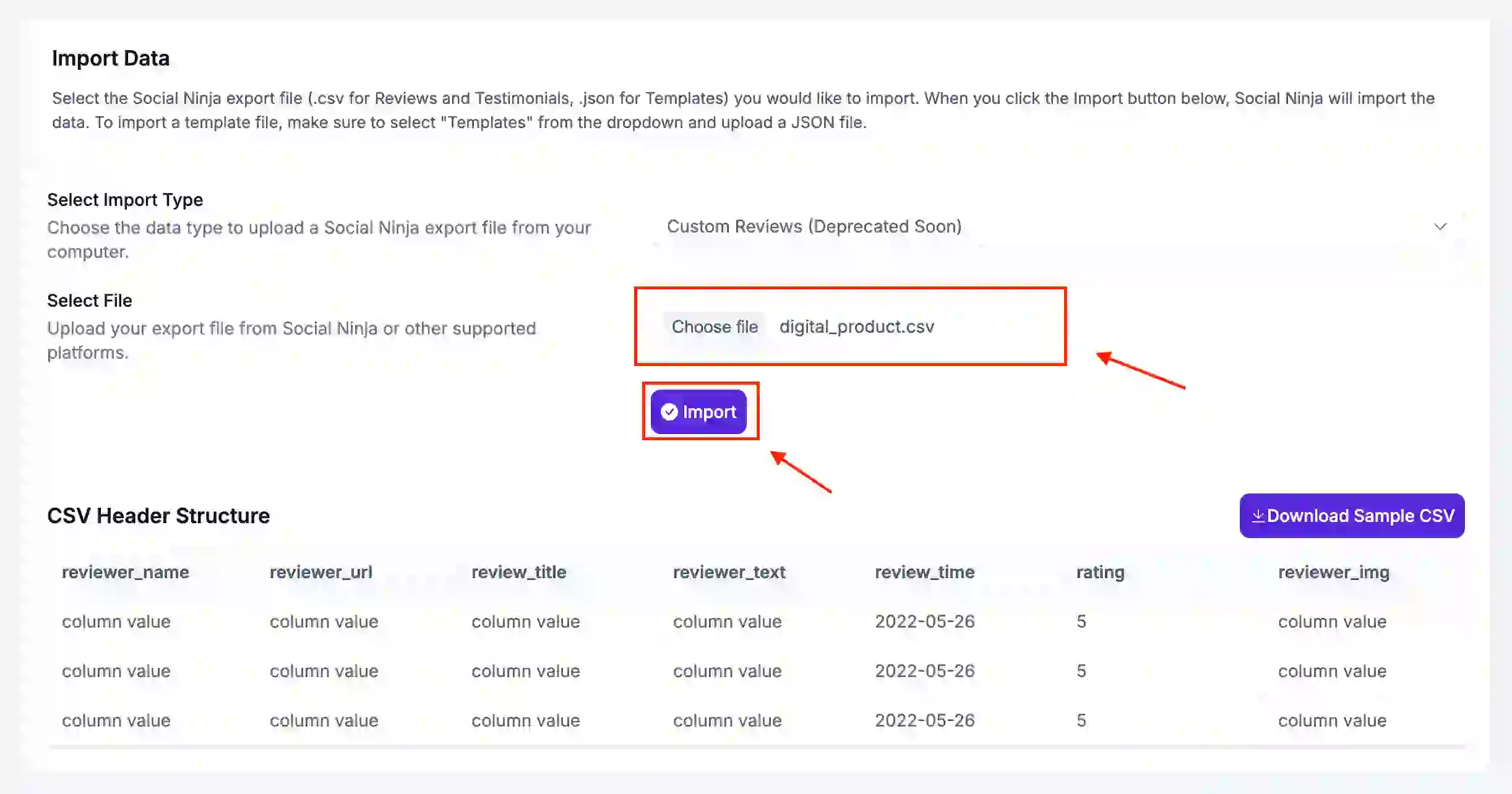 WP Social Ninja import screen showing a CSV file of WooCommerce reviews, previously collected via Judge.me being uploaded.
