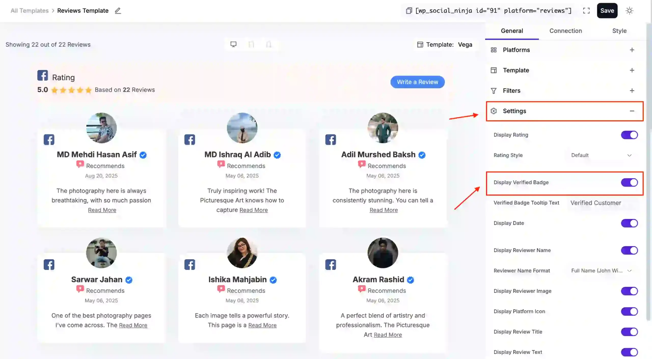 WP Social Ninja template creation screen for business reviews with verified reviewer badge.