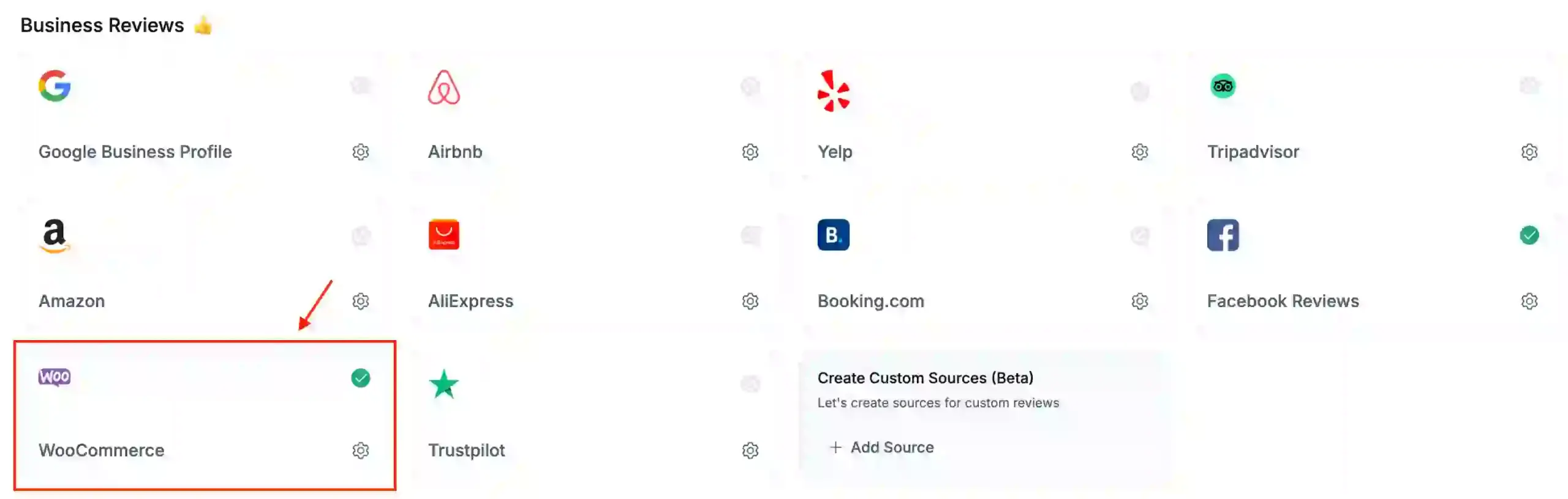 The WP Social Ninja dashboard showcasing the platforms it supports for intagrating and customizing business reviews including WooCommerce.