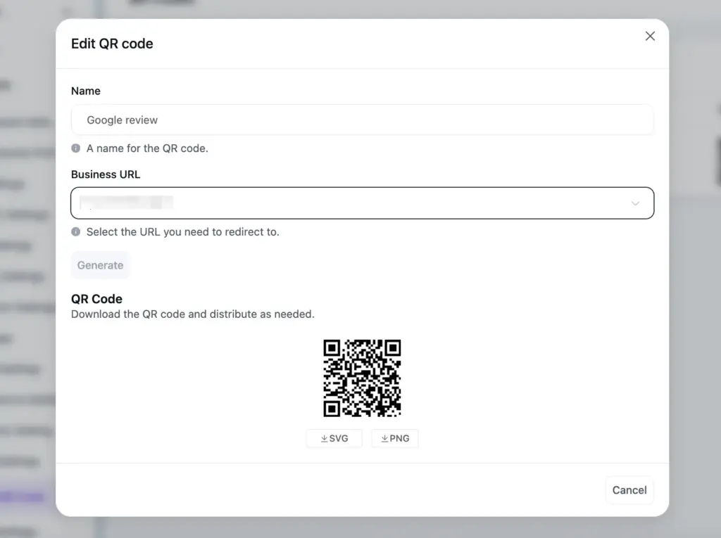 WP social Ninja generated QR code for collecting Google reviews