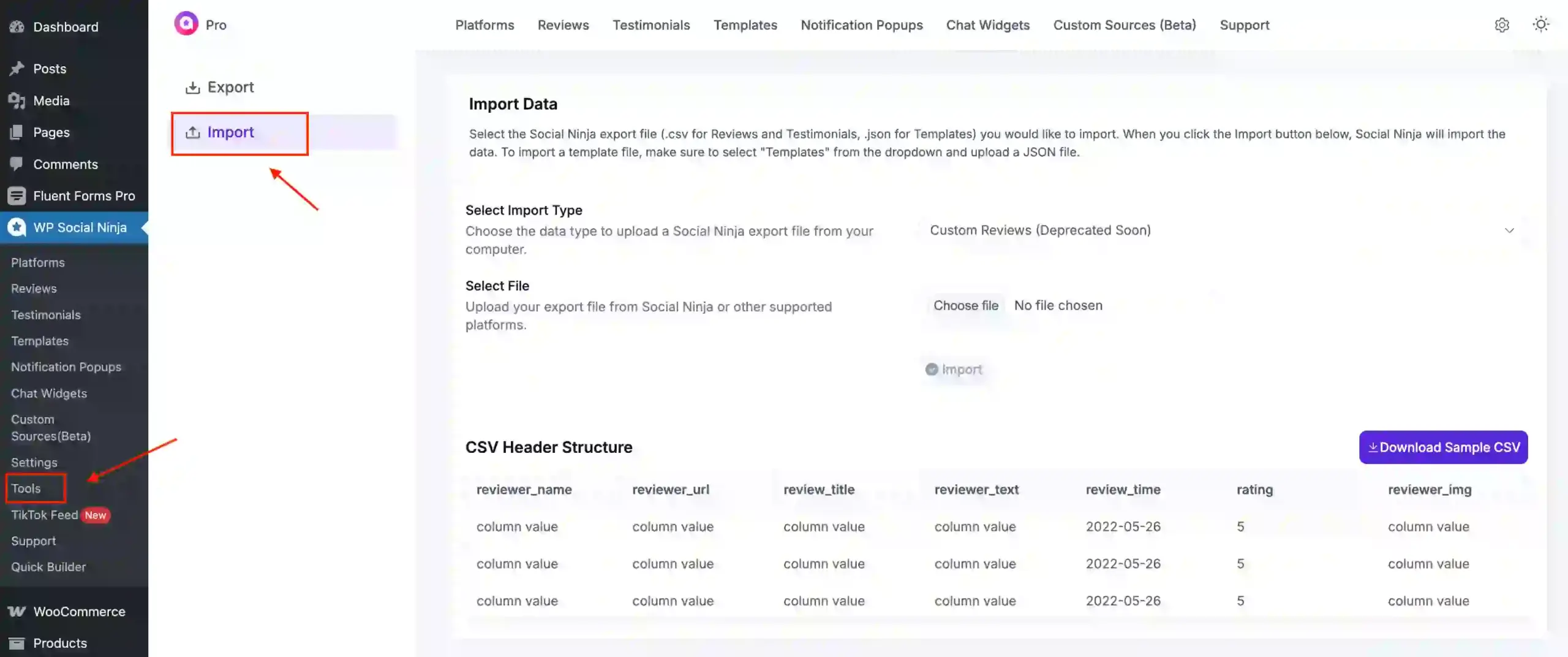 Import screen in WP Social Ninja for uploading WooCommerce reviews from Judge.me, illustrating the best Judge.me alternative process.