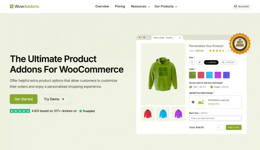 WowAddons- a product addons plugin for WooCommerce that lets store owners add extra product options with ease
