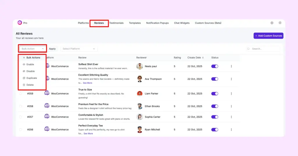 bulk actions in reviews