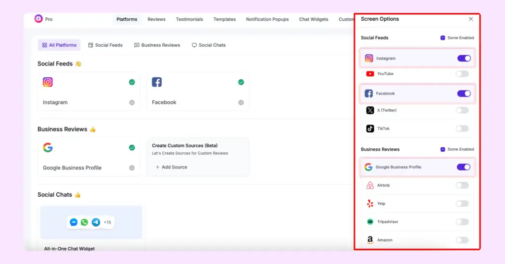 screen options for platforms visibility