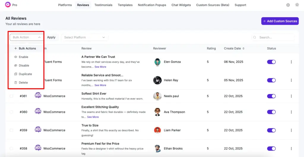 bulk option for reviews