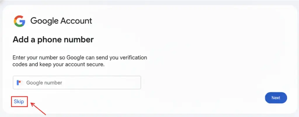 skip phone number to create google account