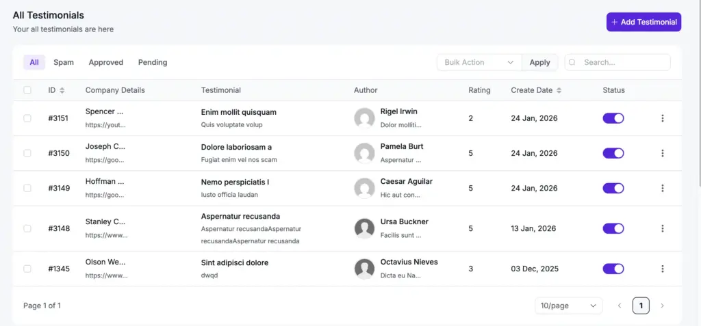 filtering option for testimonial