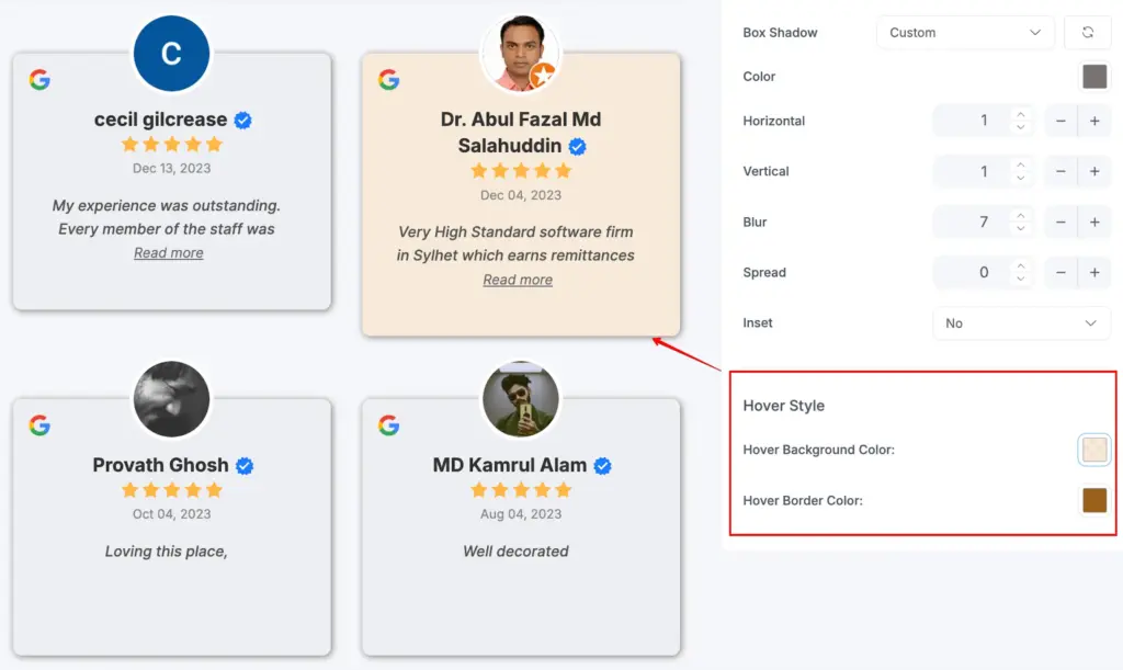 hover settings in style
