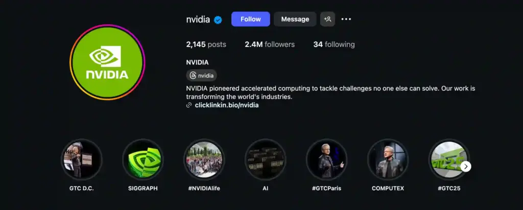 NVIDIA Instagram profile showing an optimized bio, Linktree, and Story Highlights