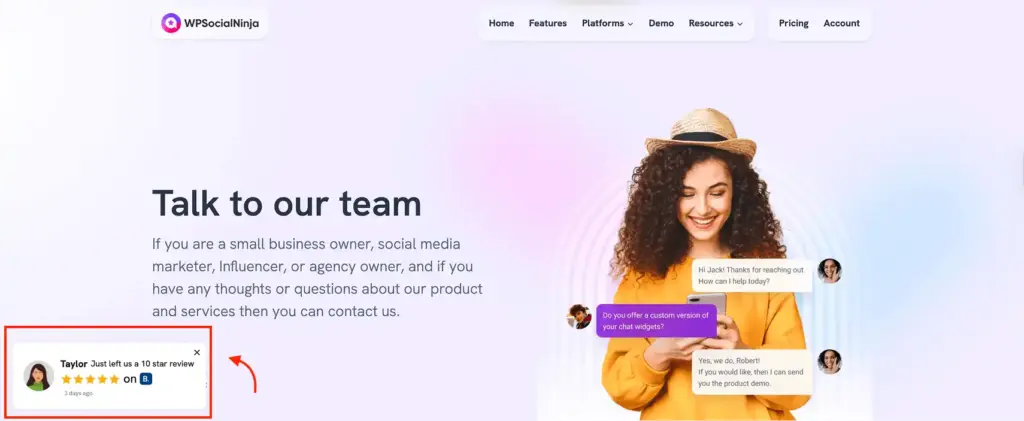 An example of notification popup displayed on the Contact Us page