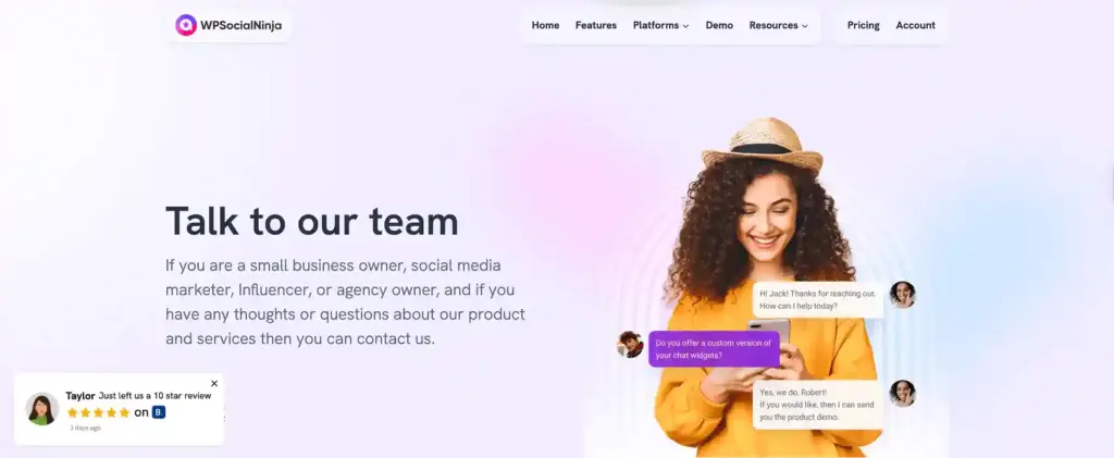 An example of notification popup displayed on the Contact Us page