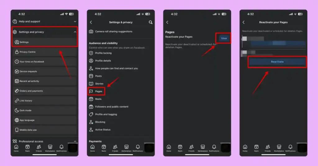 A series of screenshots showing steps to reactivate a Facebook business page on iPhone and Android