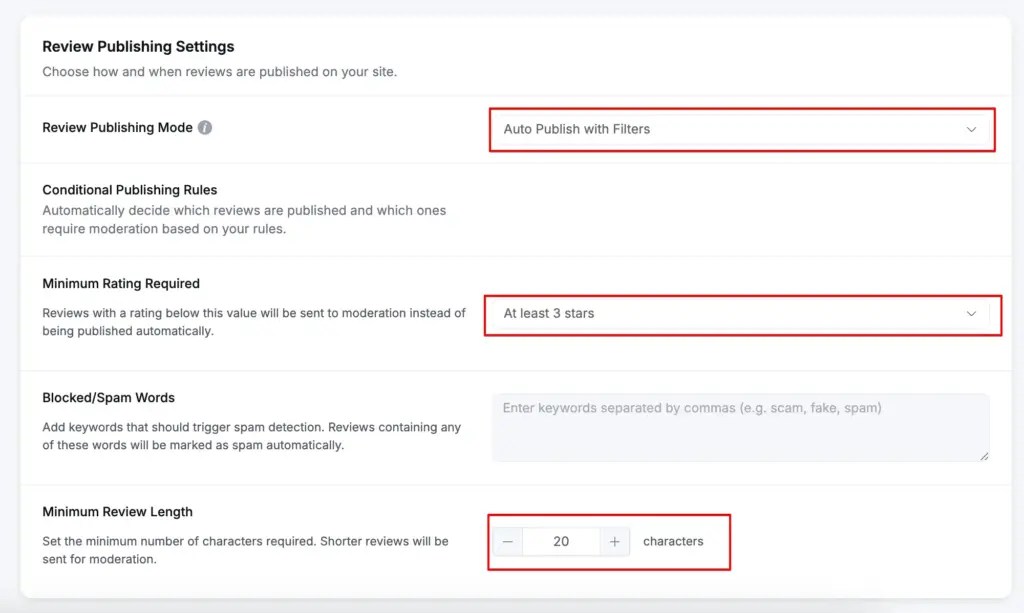 review auto publish with fliters