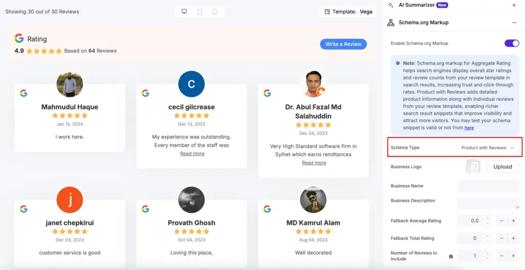 schema markup with reviews