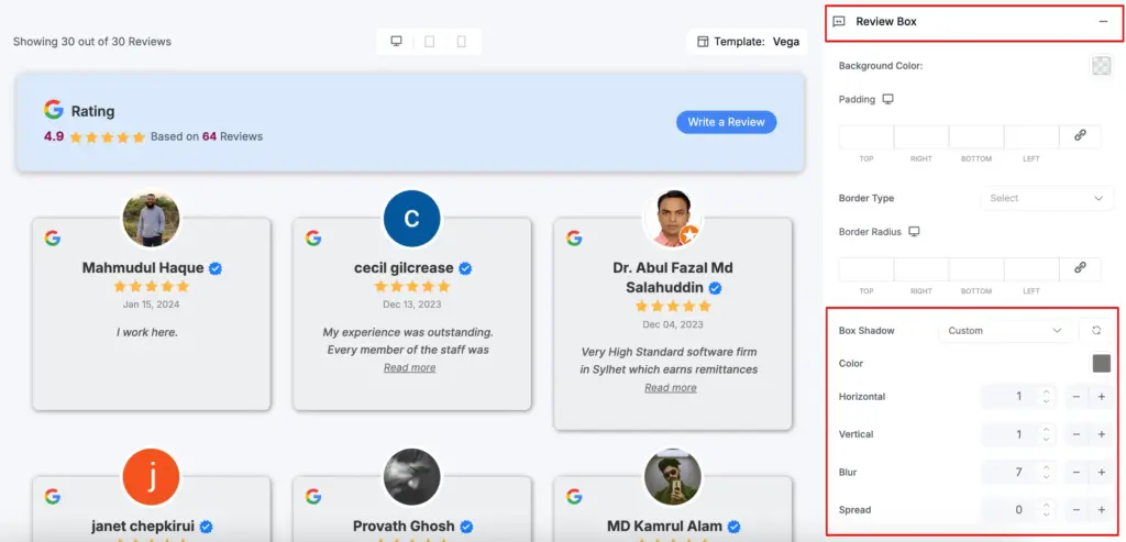 styling in box shadows for reviews template