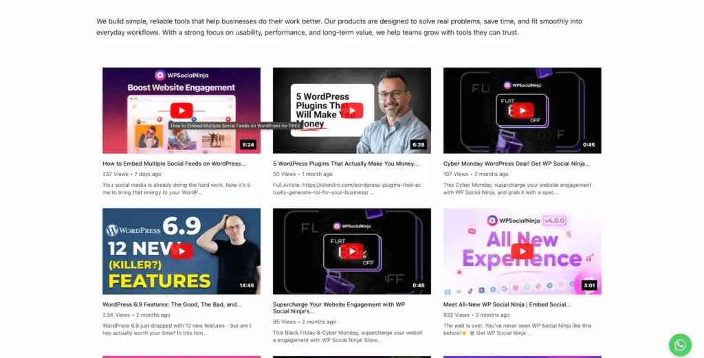 Embedded YouTube video feed on an About Us page with WP Social Ninja