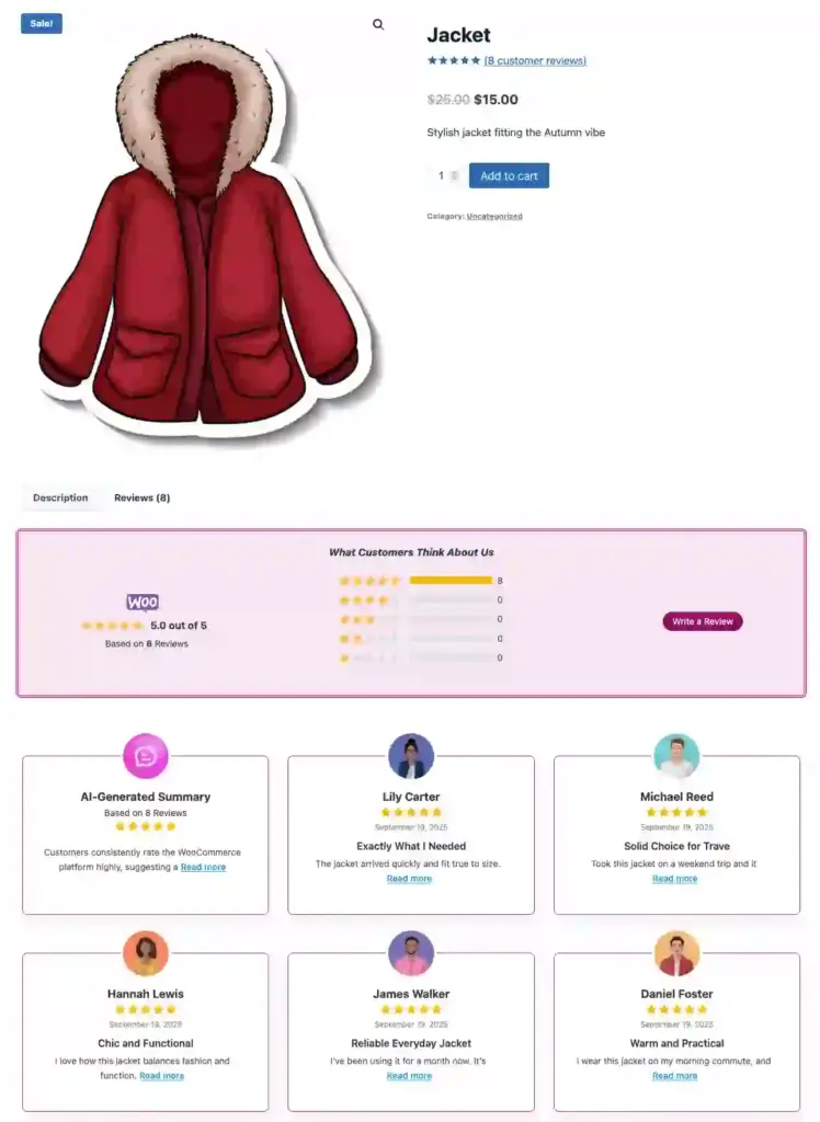 Example of customer reviews displayed on a product page