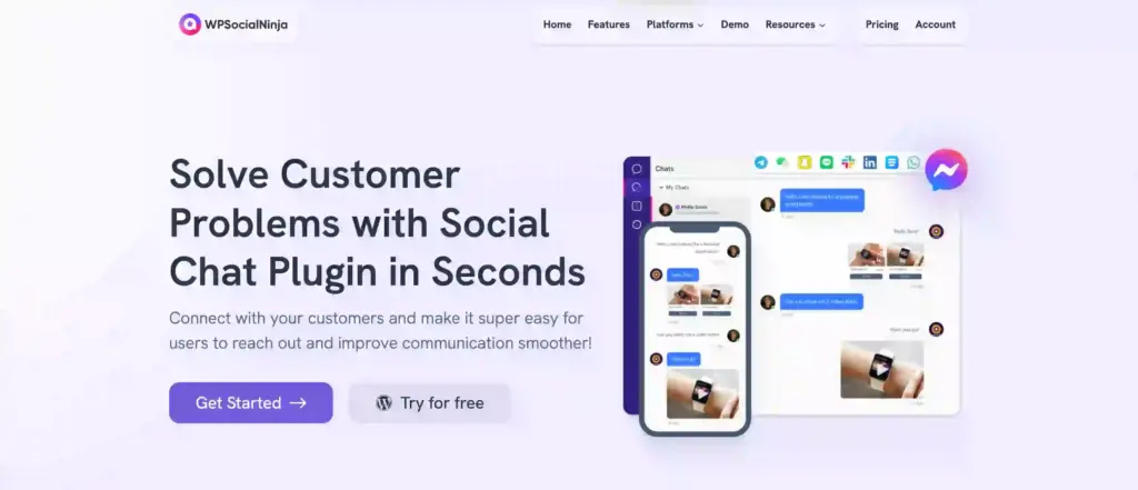 WP Social Ninja landing page showing its chat widgets features
