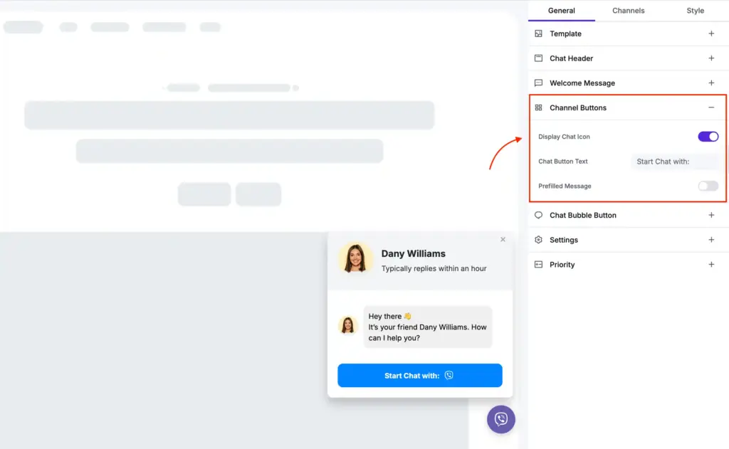 Customize Viber chat button text and channel button settings