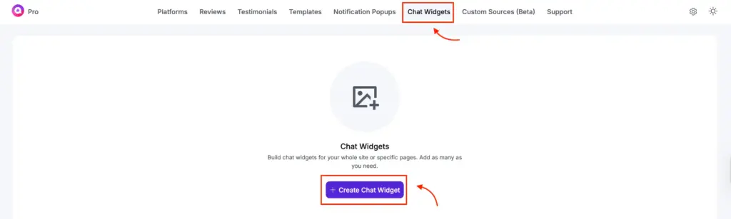 Open the Chat Widgets section in the WP Social Ninja dashboard and click Create Chat Widget to start a new chat setup in WP Social Ninja