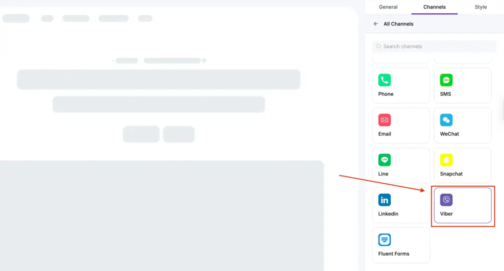 Select Viber channel from available chat options in WP Social Ninja