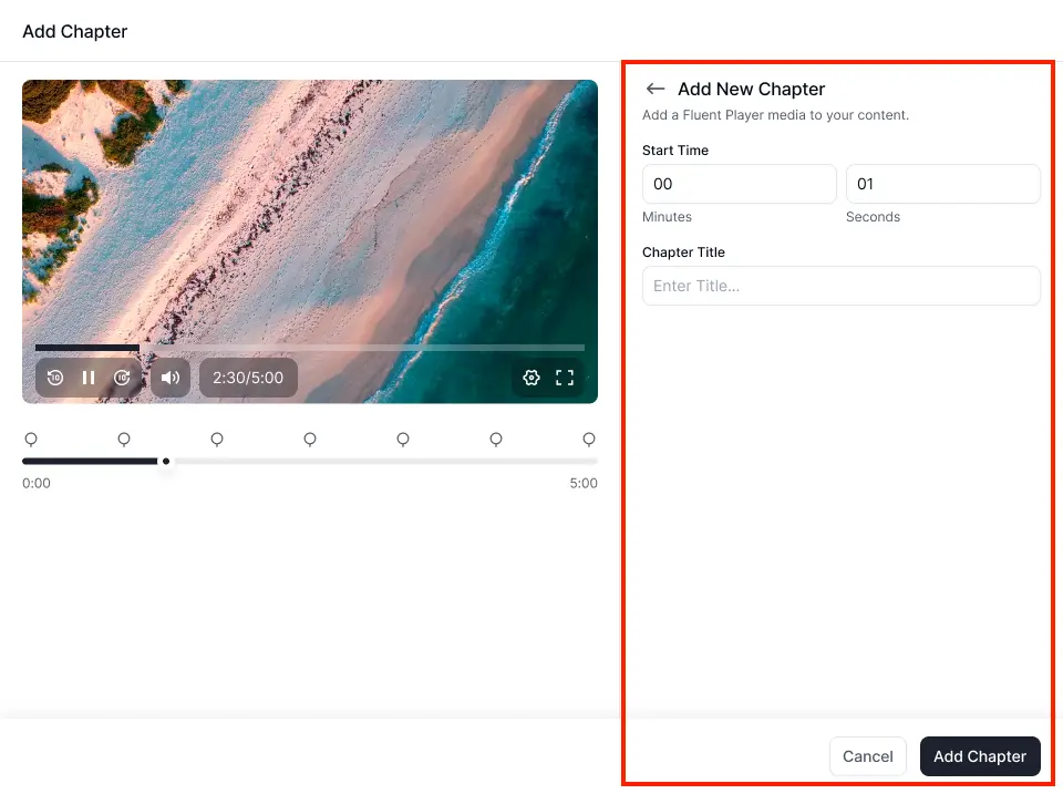 FluentPlayer dashboard showing chapter addition option