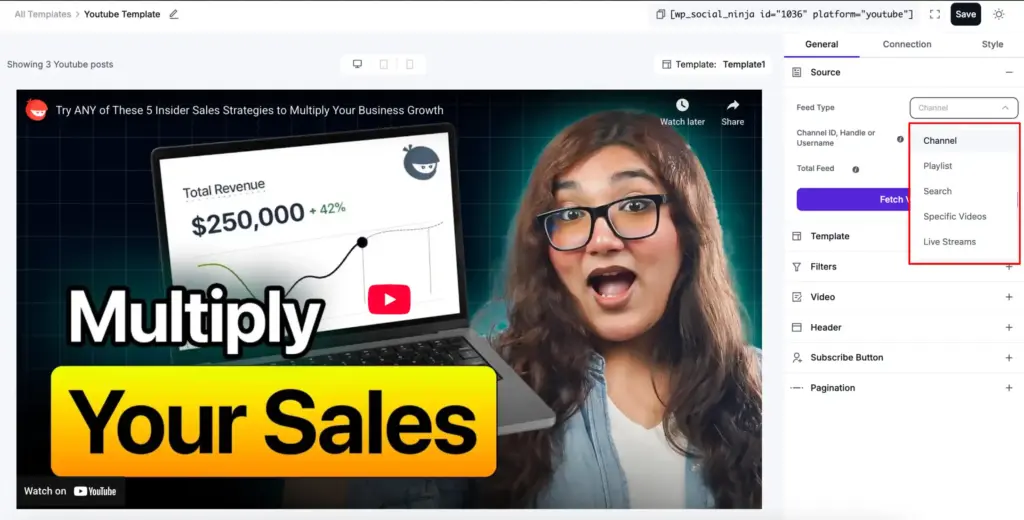 choose youtube feed type