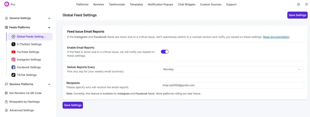 facebook feed error email report