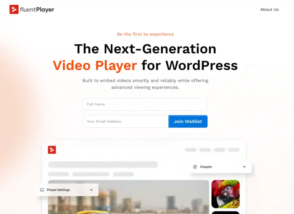 FluentPlayer homepage showcasing the waitlist form for early access