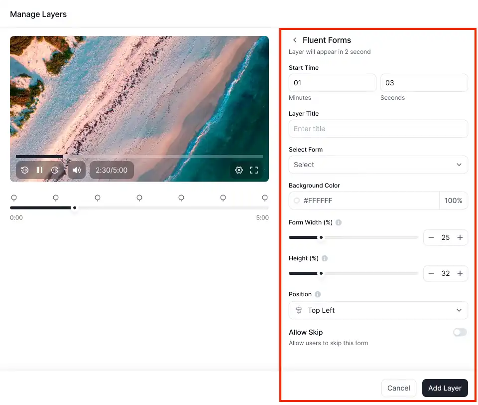 FluentPlayer dashboard showing Fluent Forms integrations for showing subscription form inside the video