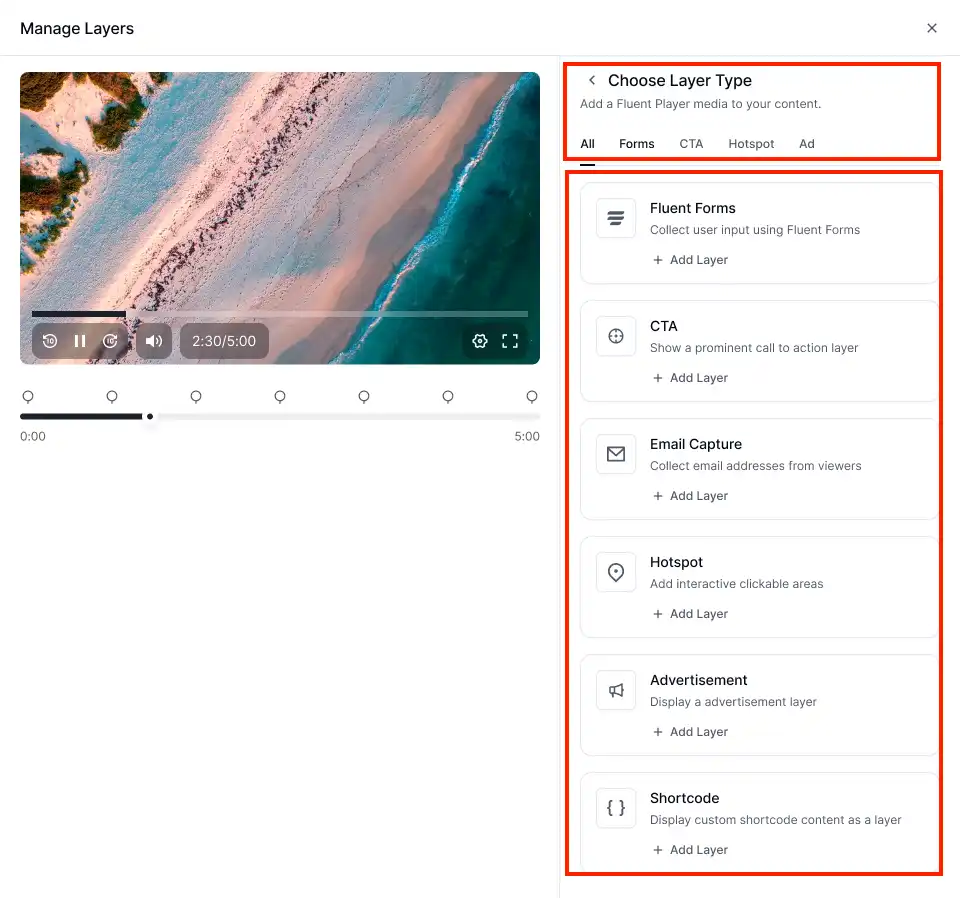 FluentPlayer layer popup showing multiple actions, including forms, CTA, Ads, and more