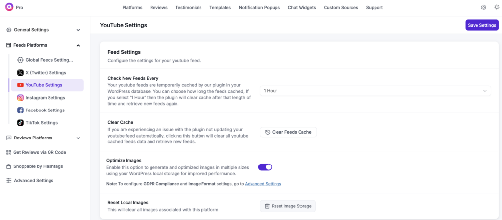 youtube feed settings for clearing cache