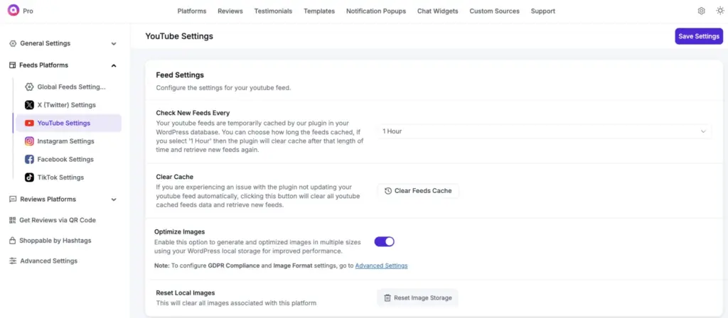 youtube feed settings for clearing cache