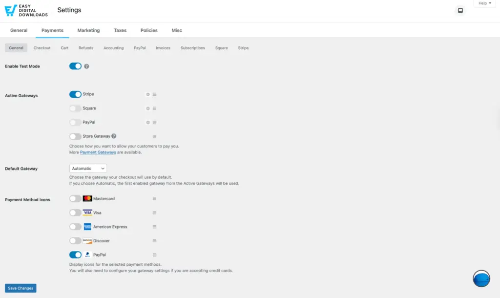 Easy Digital Downloads payment gateway settings in WordPress showing Stripe, PayPal, and default payment configuration