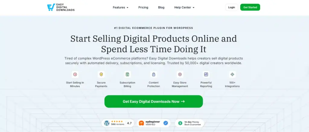 Easy Digital Downloads homepage showing digital product ecommerce plugin for WordPress